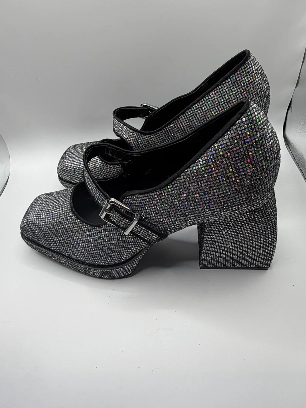 Gianni Bini Silver “Aurora” Disco-Style Glitter Mary Jane Platform Heels